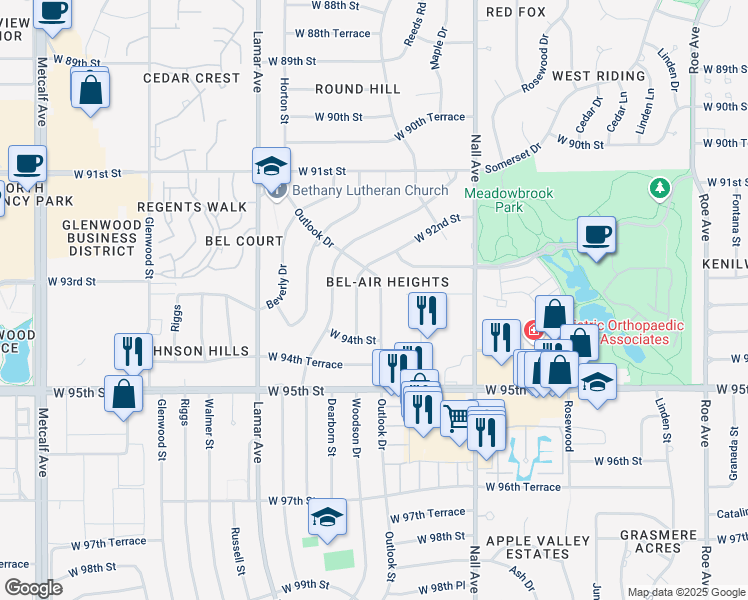 map of restaurants, bars, coffee shops, grocery stores, and more near 9315 Outlook Drive in Overland Park