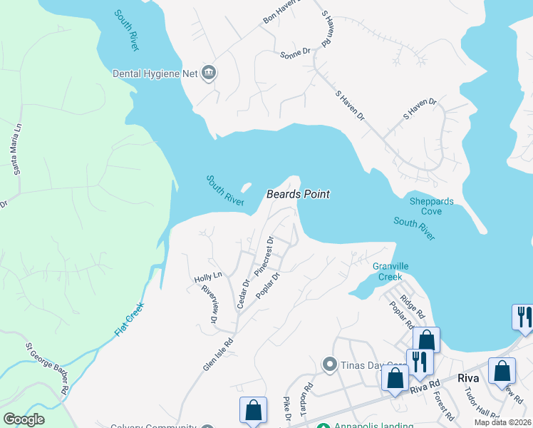 map of restaurants, bars, coffee shops, grocery stores, and more near 2732 Cedar Drive in Riva