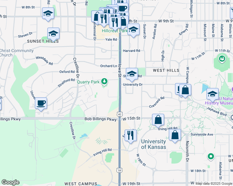 map of restaurants, bars, coffee shops, grocery stores, and more near 1319 Iowa Street in Lawrence