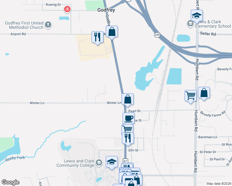 map of restaurants, bars, coffee shops, grocery stores, and more near 6412 Godfrey Road in Godfrey