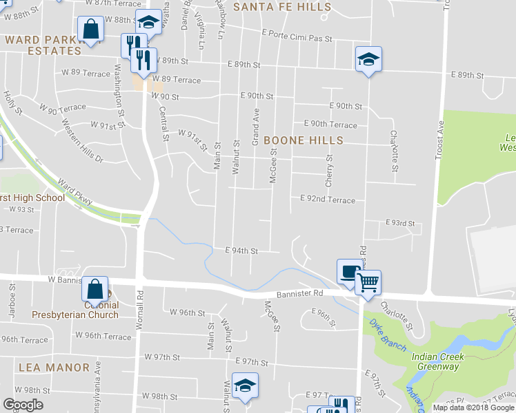 map of restaurants, bars, coffee shops, grocery stores, and more near 9229 Grand Avenue in Kansas City