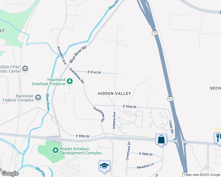 map of restaurants, bars, coffee shops, grocery stores, and more near 9203 Indiana Avenue in Kansas City