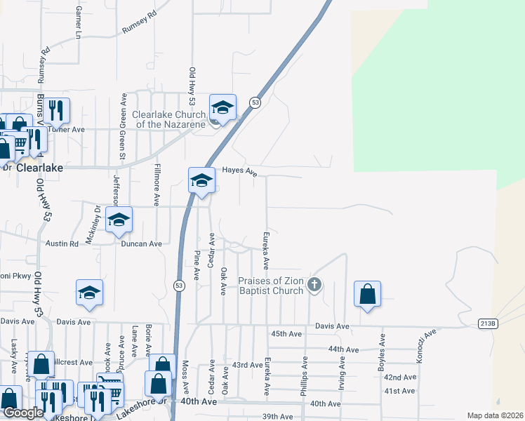 map of restaurants, bars, coffee shops, grocery stores, and more near 3631 Eureka Avenue in Clearlake