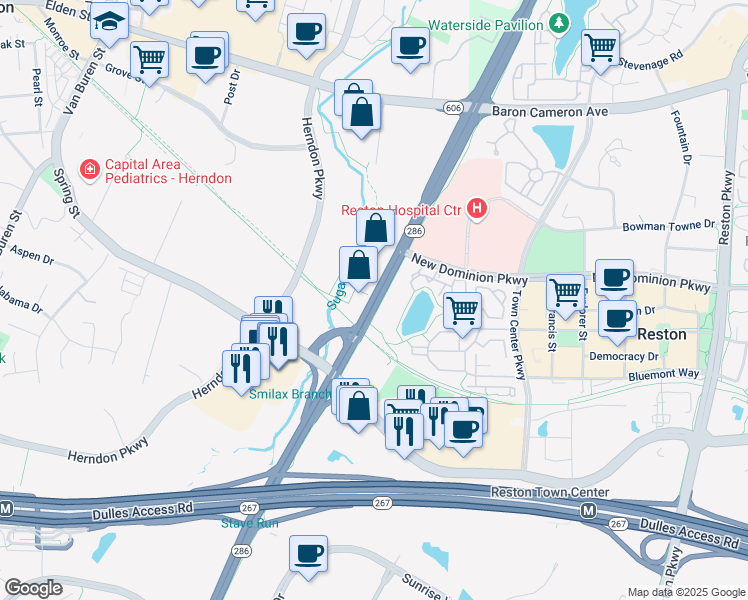 map of restaurants, bars, coffee shops, grocery stores, and more near Fairfax County Parkway in Herndon