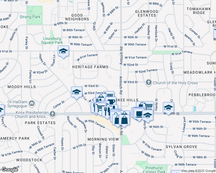 map of restaurants, bars, coffee shops, grocery stores, and more near 9301 Slater Street in Overland Park