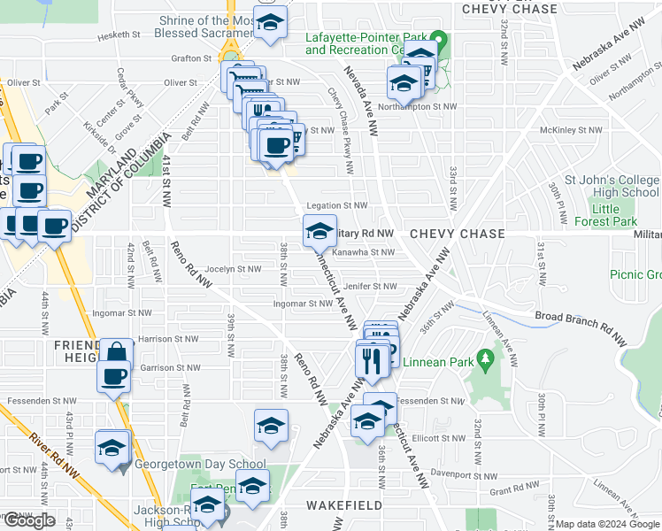 map of restaurants, bars, coffee shops, grocery stores, and more near 5311 Connecticut Avenue Northwest in Washington