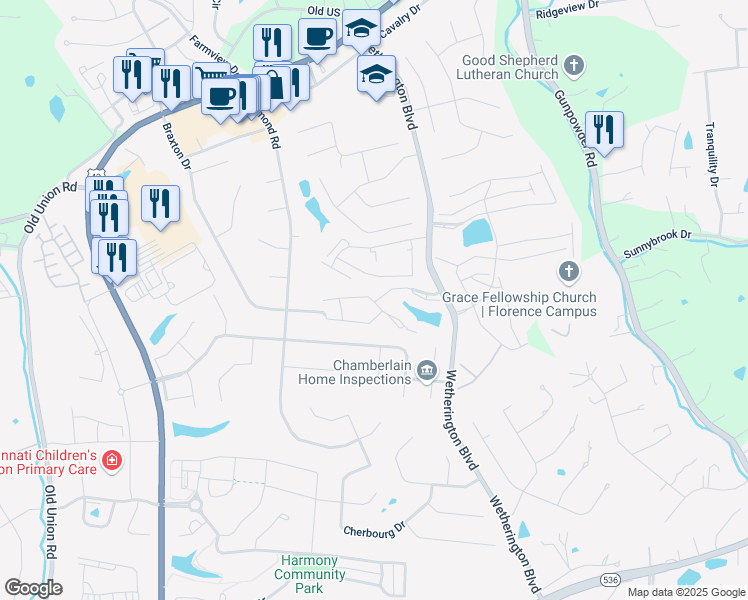 map of restaurants, bars, coffee shops, grocery stores, and more near 1899 Palladian Drive in Florence