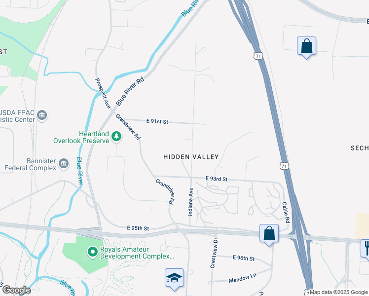 map of restaurants, bars, coffee shops, grocery stores, and more near 9203 Indiana Avenue in Kansas City