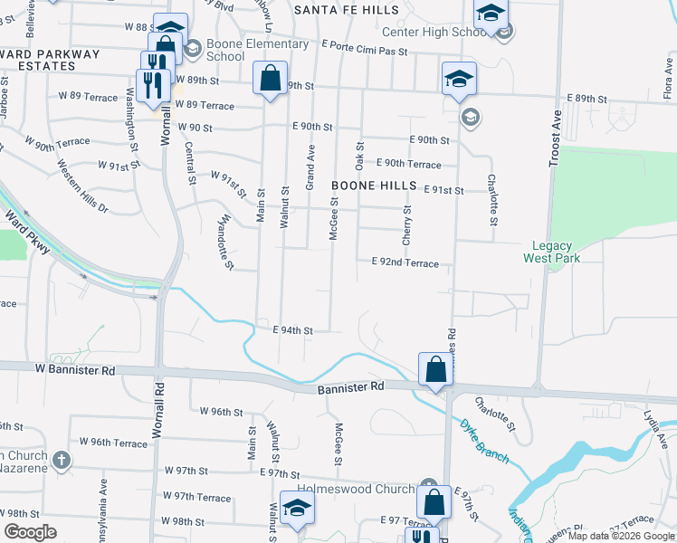 map of restaurants, bars, coffee shops, grocery stores, and more near 9260 Oak Street in Kansas City
