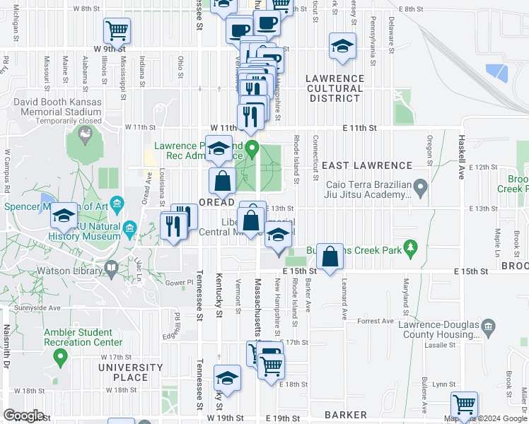 map of restaurants, bars, coffee shops, grocery stores, and more near 1311 New Hampshire Street in Lawrence