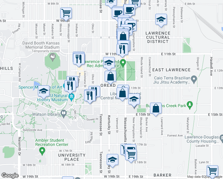 map of restaurants, bars, coffee shops, grocery stores, and more near 1310 Kentucky Street in Lawrence