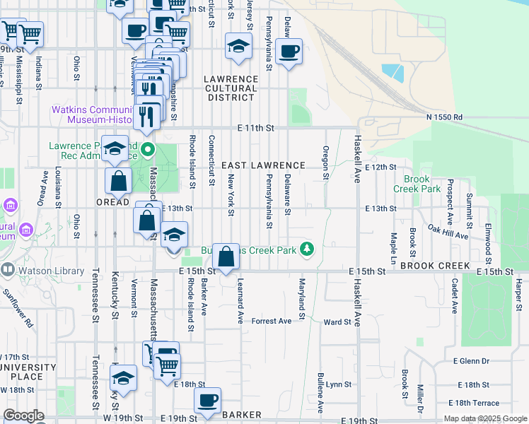 map of restaurants, bars, coffee shops, grocery stores, and more near 1319 Pennsylvania St in Lawrence