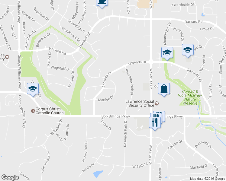 map of restaurants, bars, coffee shops, grocery stores, and more near 5103 Veronica Drive in Lawrence