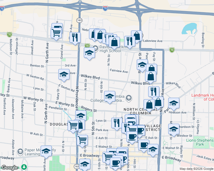 map of restaurants, bars, coffee shops, grocery stores, and more near 717 North 7th Street in Columbia