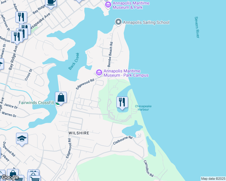 map of restaurants, bars, coffee shops, grocery stores, and more near 7020 Channel Village Court in Annapolis