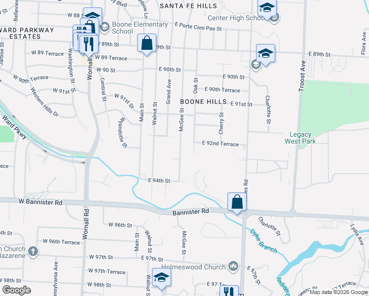 map of restaurants, bars, coffee shops, grocery stores, and more near 9260 Oak Street in Kansas City