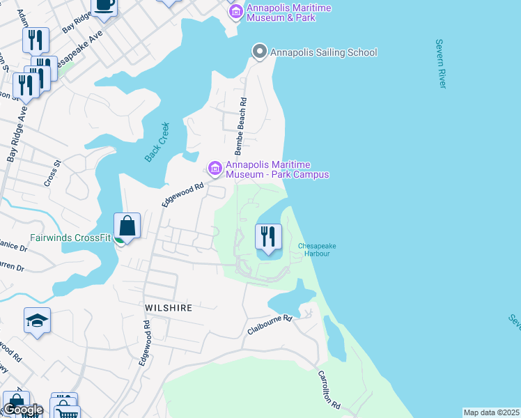 map of restaurants, bars, coffee shops, grocery stores, and more near 7014 Channel Village Court in Annapolis