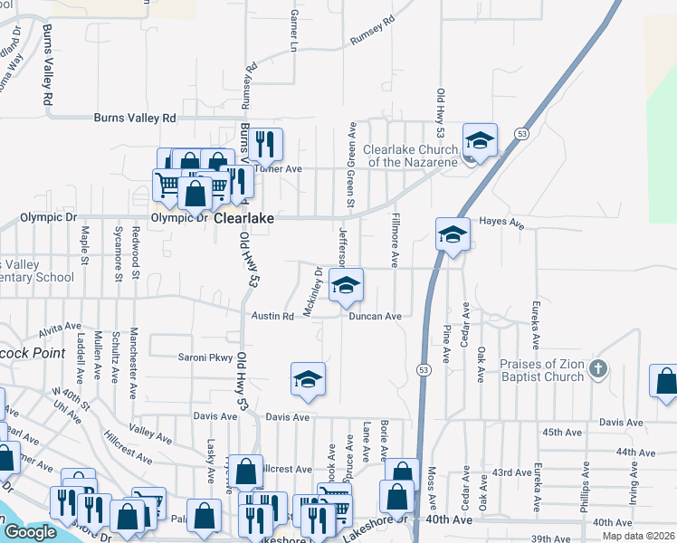 map of restaurants, bars, coffee shops, grocery stores, and more near 3632 Jefferson Avenue in Clearlake