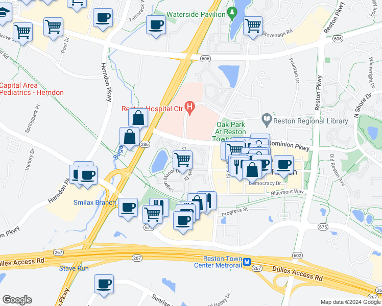 map of restaurants, bars, coffee shops, grocery stores, and more near 12187 Chancery Station Circle in Reston