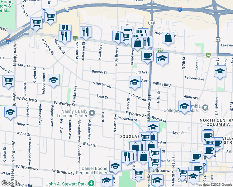 map of restaurants, bars, coffee shops, grocery stores, and more near 500 Mary Street in Columbia