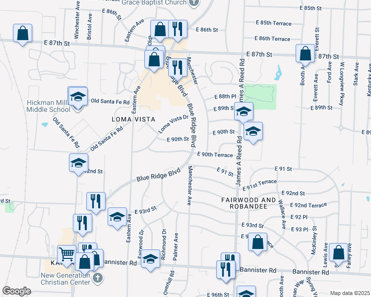 map of restaurants, bars, coffee shops, grocery stores, and more near 7715 East 90th Terrace in Kansas City