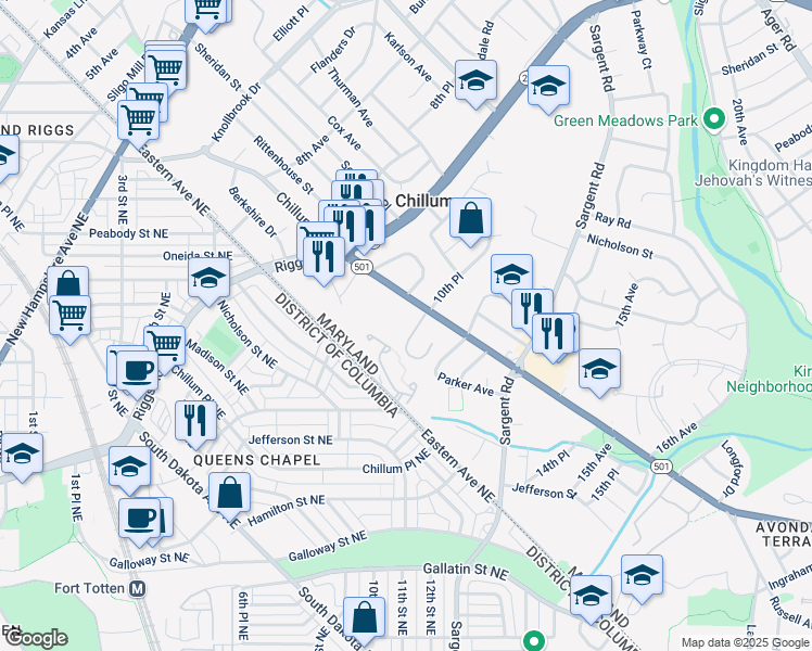 map of restaurants, bars, coffee shops, grocery stores, and more near 1009 Chillum Road in Hyattsville