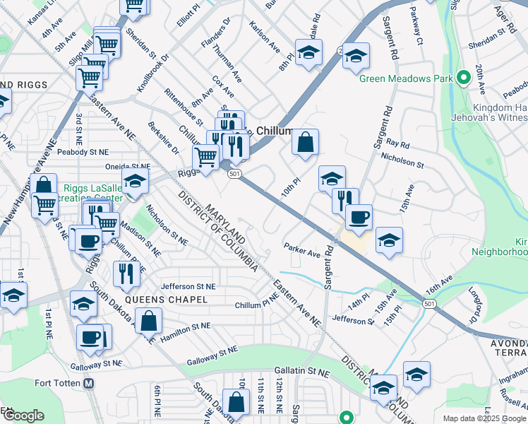 map of restaurants, bars, coffee shops, grocery stores, and more near 1009 Chillum Road in Hyattsville