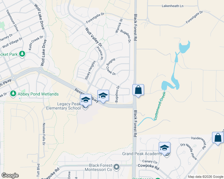 map of restaurants, bars, coffee shops, grocery stores, and more near 6604 Tumble Creek Drive in Colorado Springs
