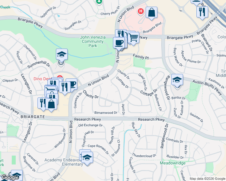 map of restaurants, bars, coffee shops, grocery stores, and more near 8745 Ballantrae Drive in Colorado Springs
