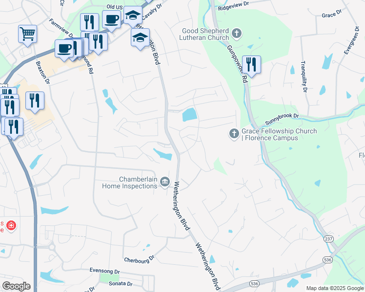map of restaurants, bars, coffee shops, grocery stores, and more near 1752 Mimosa Trail in Florence