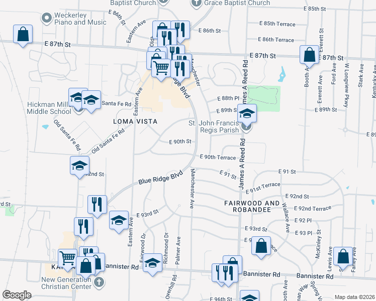 map of restaurants, bars, coffee shops, grocery stores, and more near 7715 East 90th Terrace in Kansas City