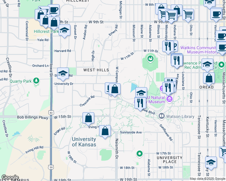 map of restaurants, bars, coffee shops, grocery stores, and more near 1339 West Campus Road in Lawrence