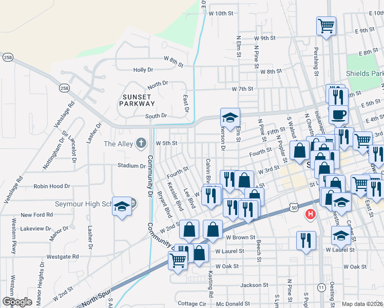 map of restaurants, bars, coffee shops, grocery stores, and more near 202 Johnson Street in Seymour
