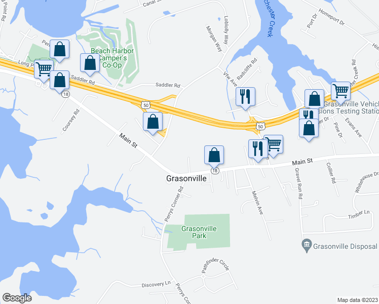 map of restaurants, bars, coffee shops, grocery stores, and more near 200 Main Court in Grasonville