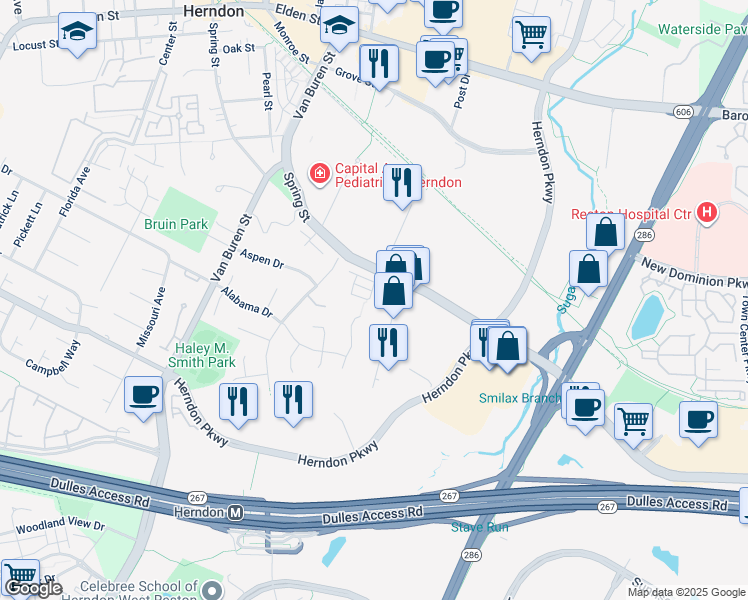 map of restaurants, bars, coffee shops, grocery stores, and more near 115 Gracie Park Drive in Herndon