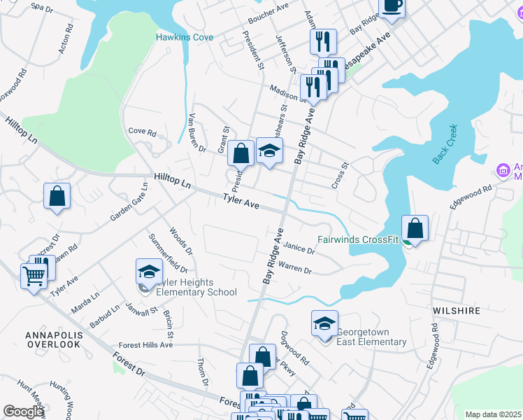 map of restaurants, bars, coffee shops, grocery stores, and more near 921 Tyler Avenue in Annapolis