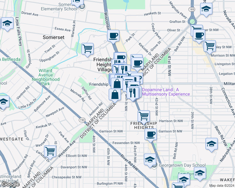 map of restaurants, bars, coffee shops, grocery stores, and more near 5300 Western Avenue in Chevy Chase