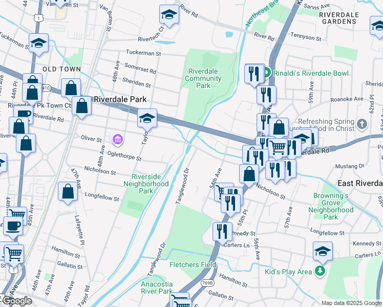 map of restaurants, bars, coffee shops, grocery stores, and more near 5301 Riverdale Road in Riverdale Park
