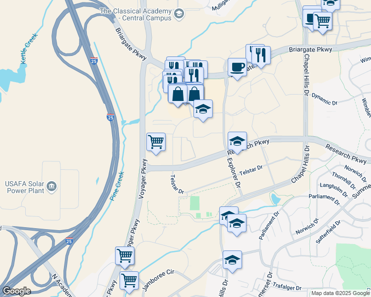 map of restaurants, bars, coffee shops, grocery stores, and more near 1755 Telstar Drive in Colorado Springs