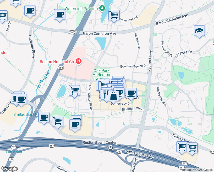 map of restaurants, bars, coffee shops, grocery stores, and more near 1860 Explorer Street in Reston