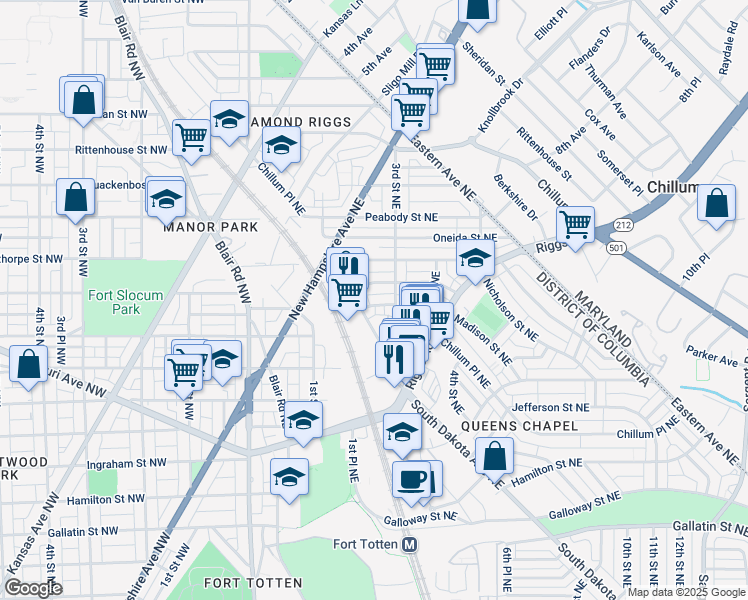 map of restaurants, bars, coffee shops, grocery stores, and more near 5727 Chillum Place Northeast in Washington