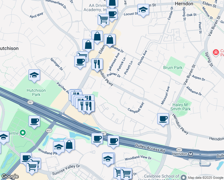 map of restaurants, bars, coffee shops, grocery stores, and more near 356 Juniper Court in Herndon