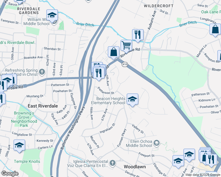 map of restaurants, bars, coffee shops, grocery stores, and more near 6021 67th Ave in Riverdale