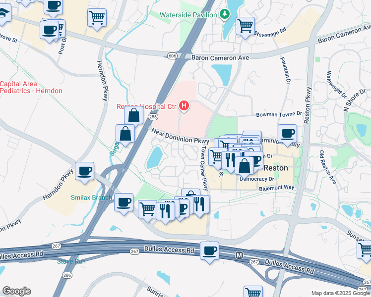 map of restaurants, bars, coffee shops, grocery stores, and more near 12185 Chancery Station Circle in Reston