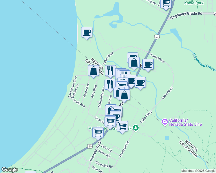 map of restaurants, bars, coffee shops, grocery stores, and more near 4133 Cedar Avenue in South Lake Tahoe