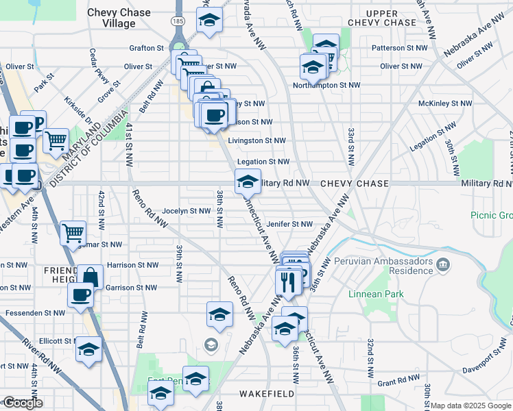 map of restaurants, bars, coffee shops, grocery stores, and more near 5315 Connecticut Avenue Northwest in Washington