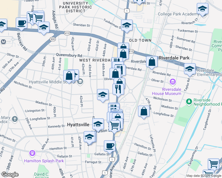 map of restaurants, bars, coffee shops, grocery stores, and more near 4410 Oglethorpe Street in Hyattsville