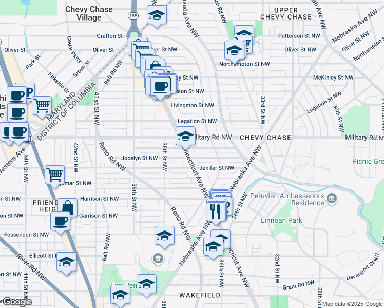 map of restaurants, bars, coffee shops, grocery stores, and more near 5315 Connecticut Avenue Northwest in Washington