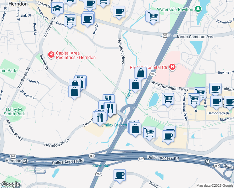 map of restaurants, bars, coffee shops, grocery stores, and more near 435 Herndon Parkway in Herndon