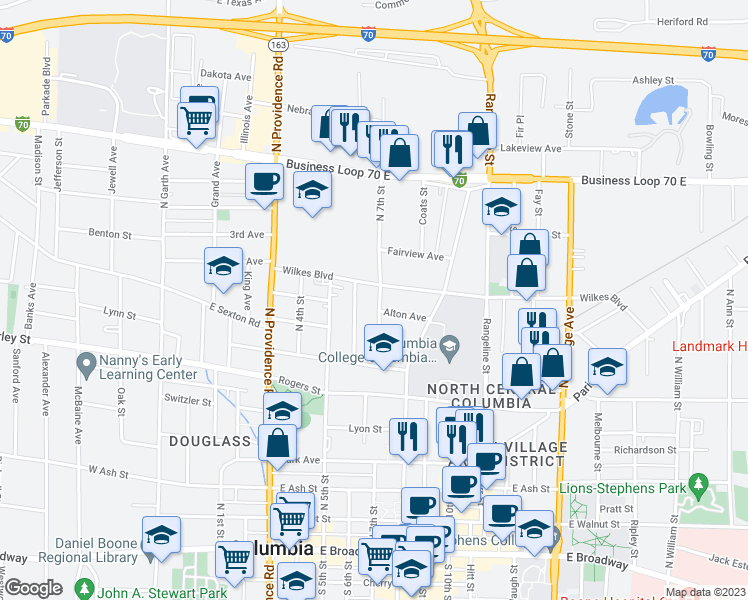 map of restaurants, bars, coffee shops, grocery stores, and more near 805 North 7th Street in Columbia